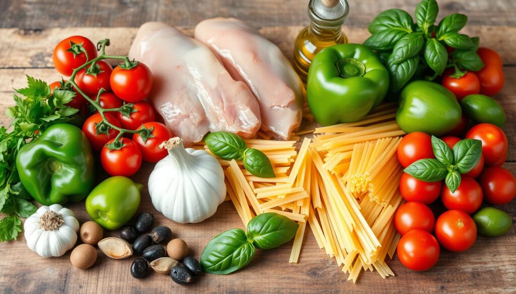 essential ingredients for Mediterranean chicken pasta