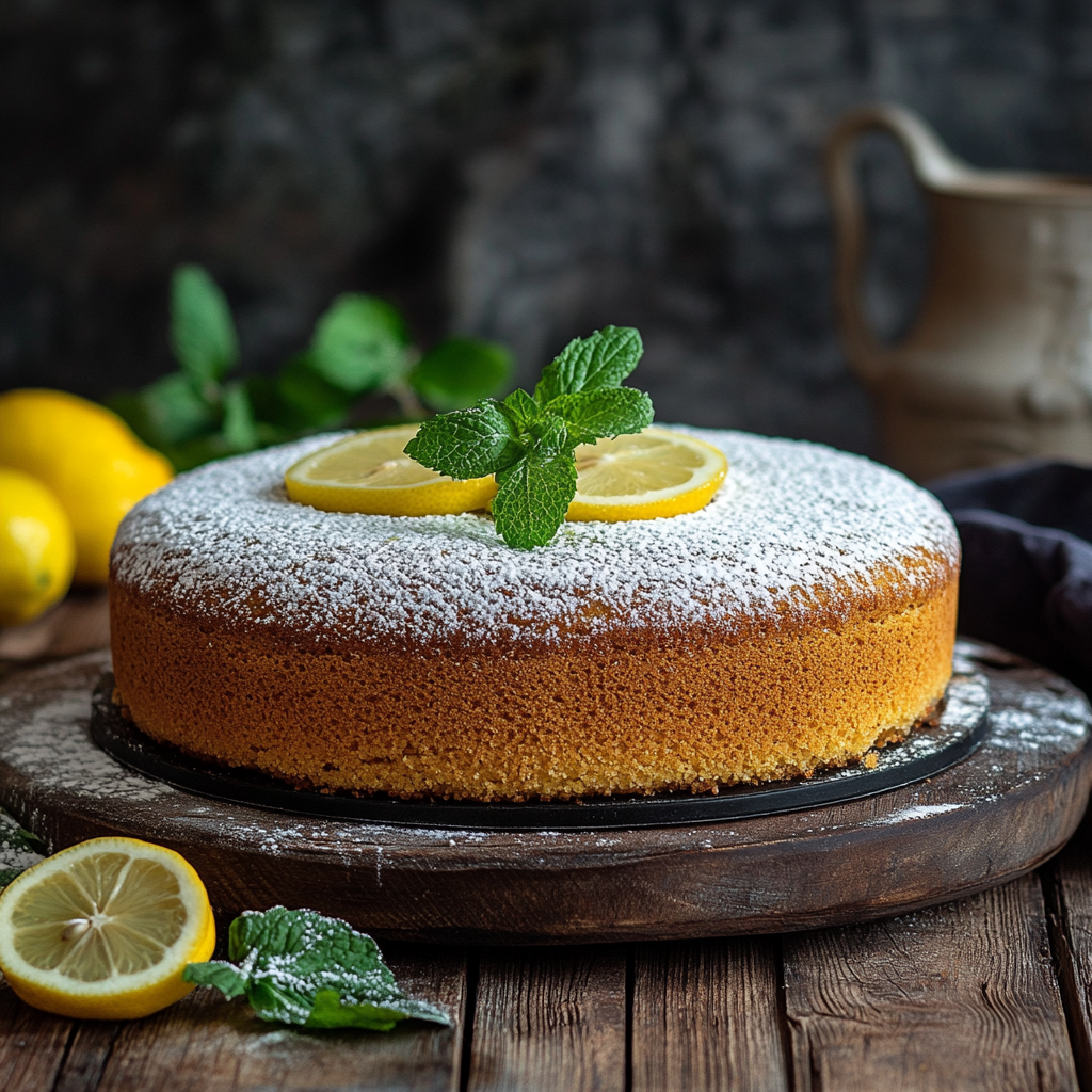 Cake au Citron with powdered sugar and lemon garnish